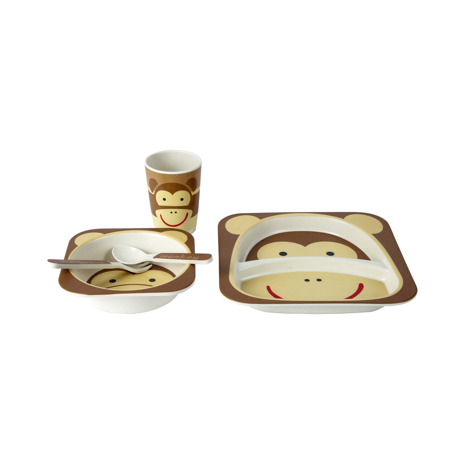Bamboe kinderservies set 5 delig – Kinderbord – Magnetron bestendig - Eetset – Baby drinkbeker - BPA vrij – Aap