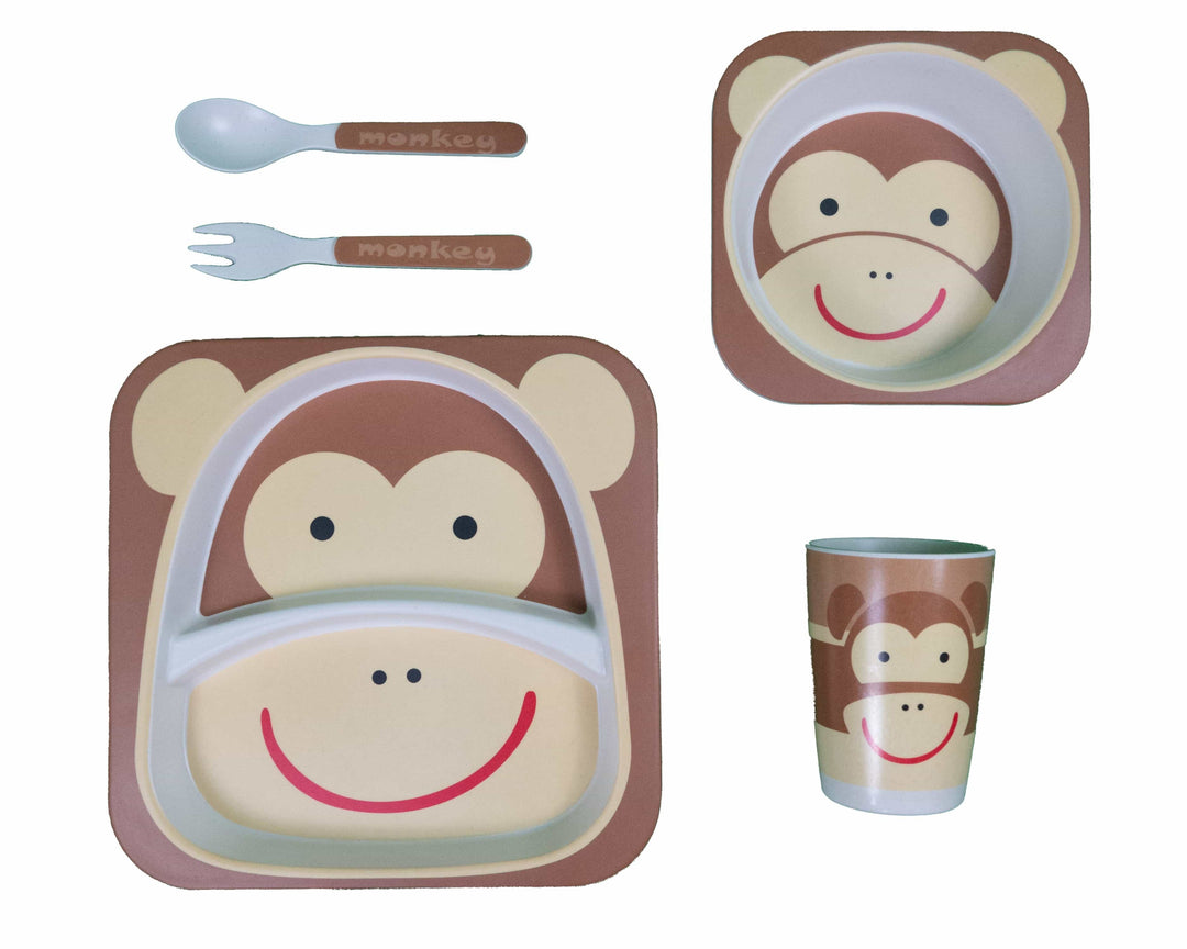 Bamboe kinderservies set 5 delig – Kinderbord – Magnetron bestendig - Eetset – Baby drinkbeker - BPA vrij – Aap