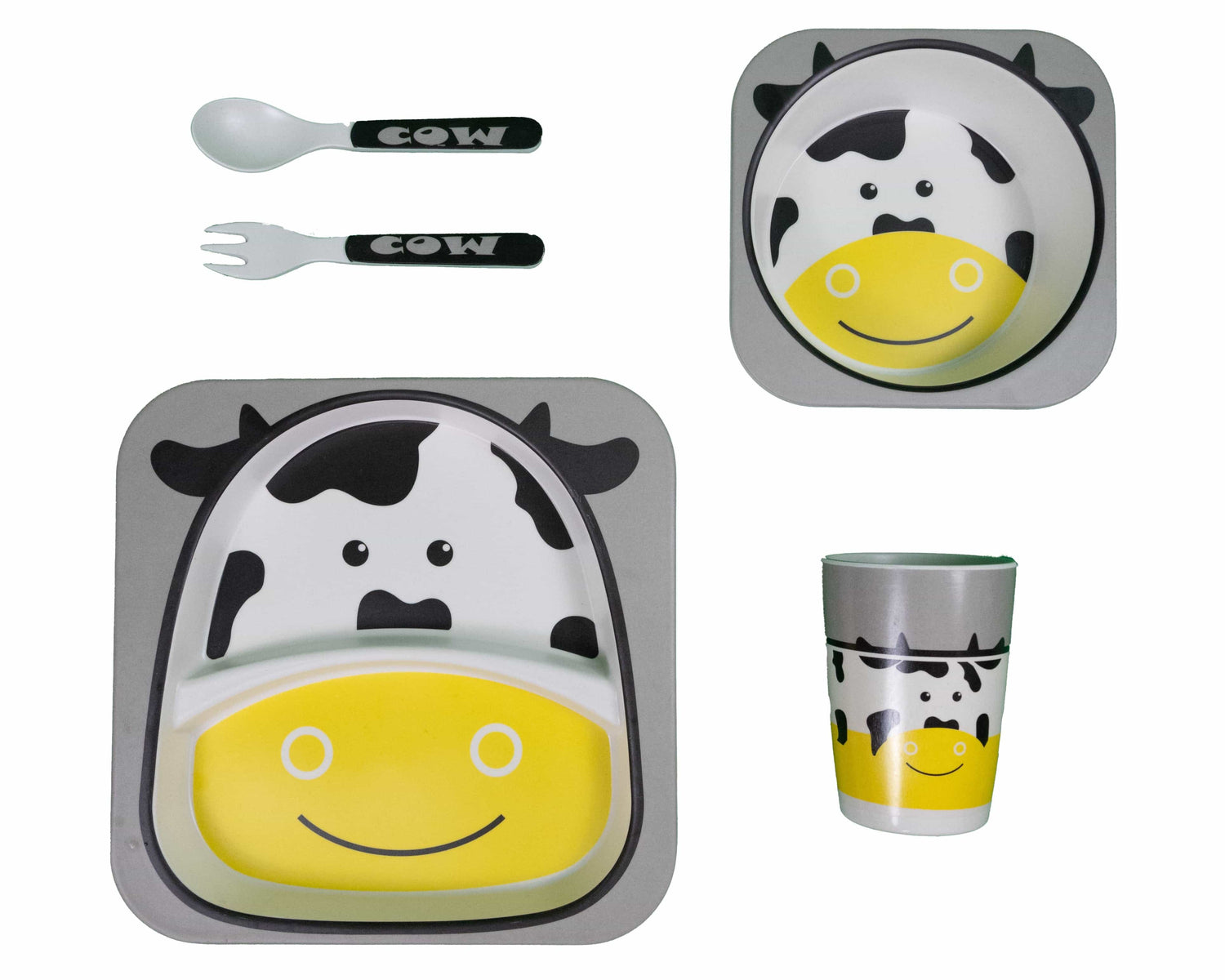Bamboe kinderservies set 5 delig – Kinderbord – Magnetron bestendig - Eetset – Baby drinkbeker - BPA vrij – Koe