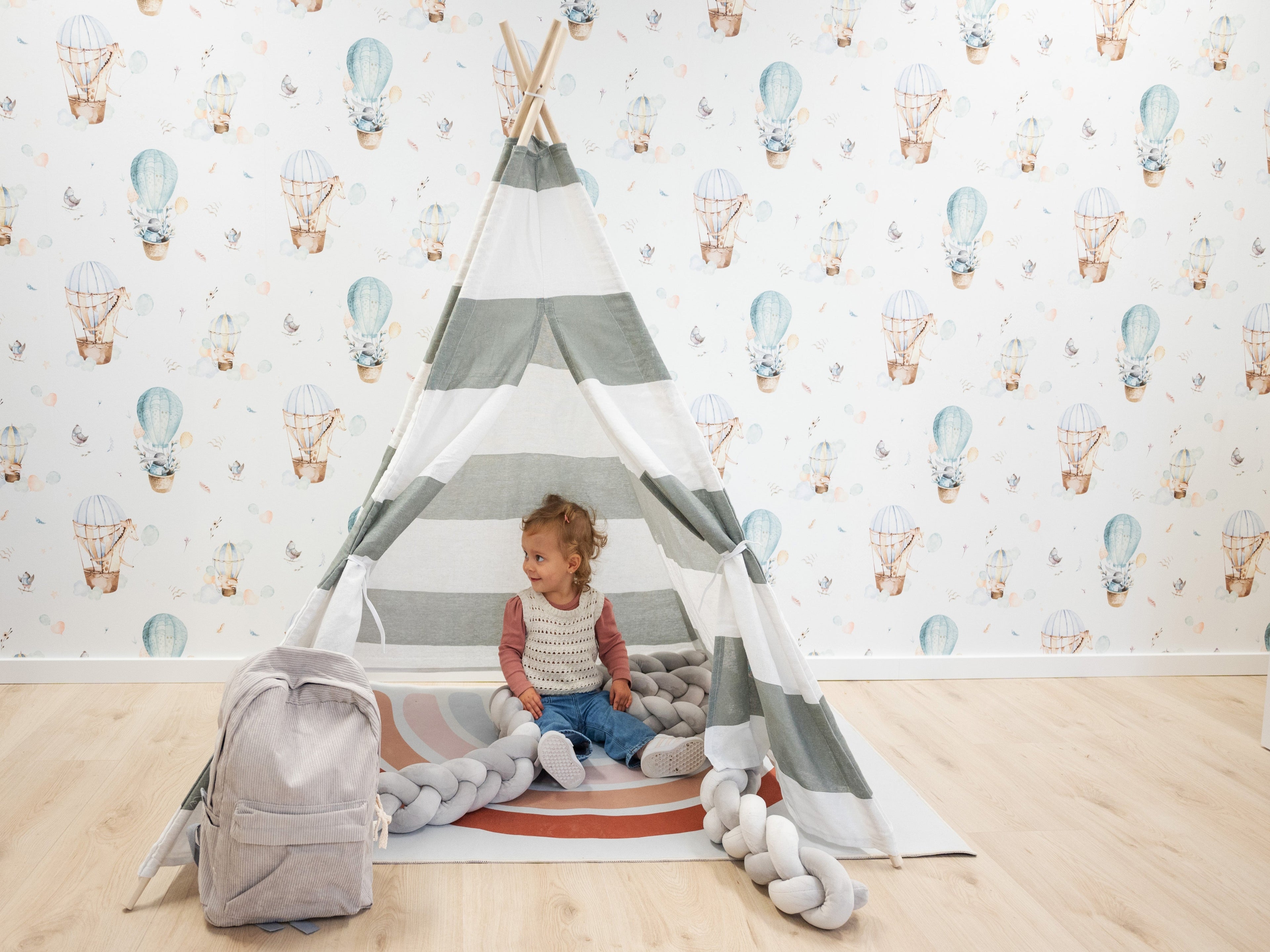 Tipi tent – Tipitent met stokken, grijs met wit – Speeltent kinderen – Wigwam speel tent – Tipi met ramen - 120x120x160cm