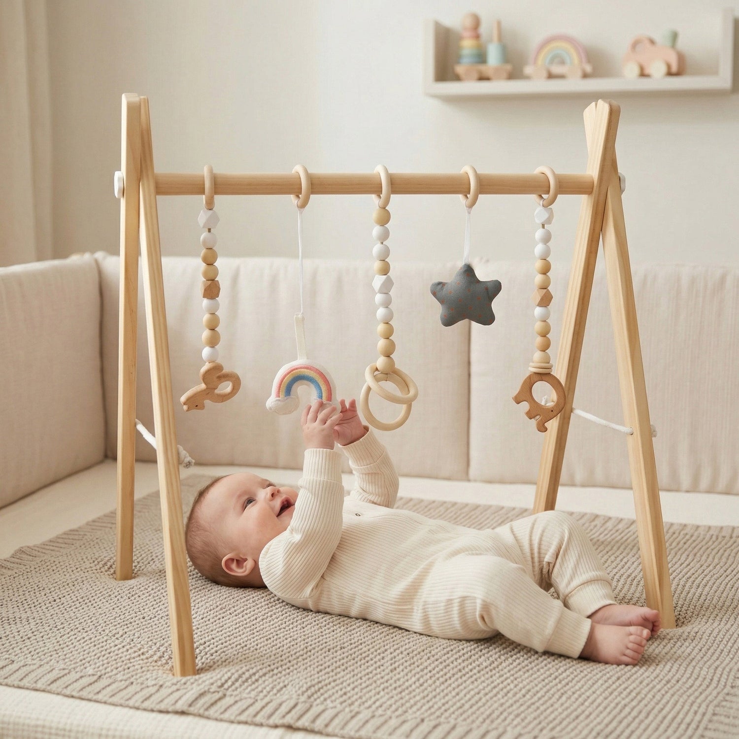 Babyspielcenter aus Holz mit Spielzeug – natürlich
